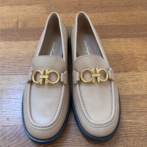 Salvatore Ferragamo Beige Leather Loafers with Gold Accent